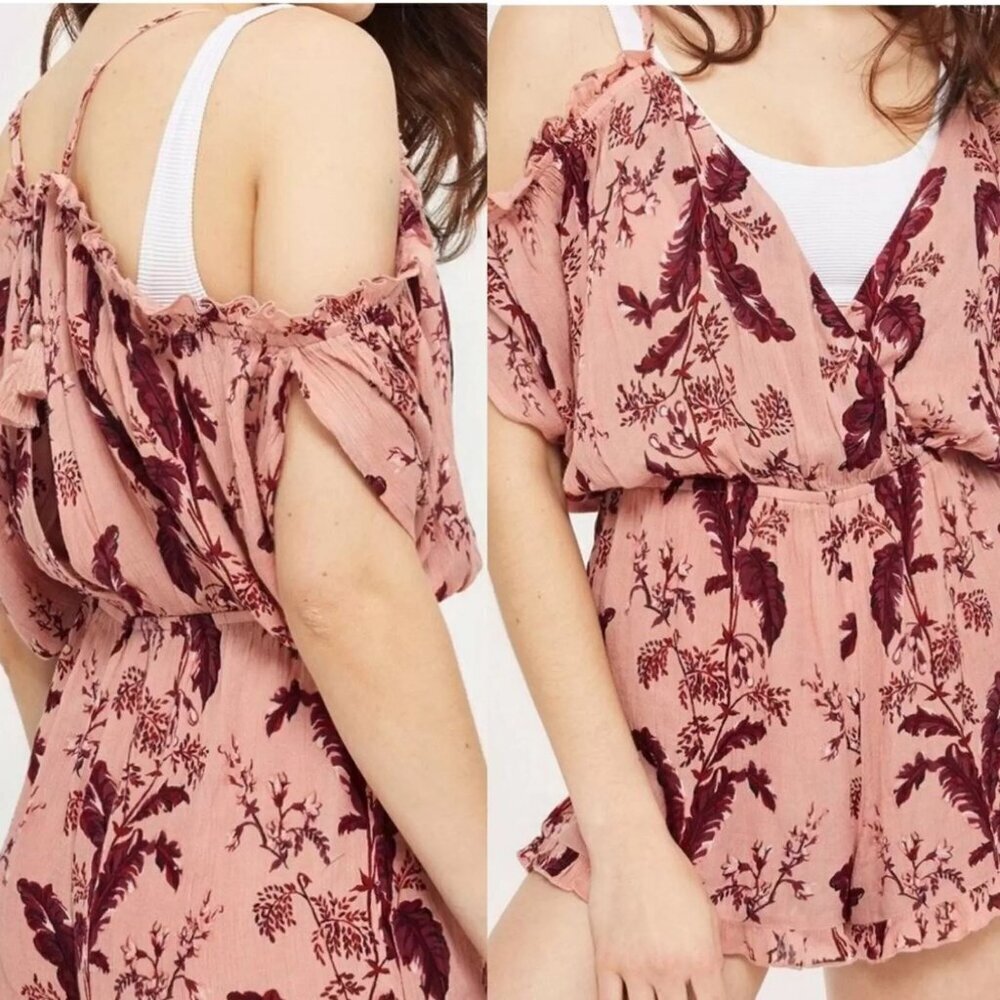 Topshop Size M Dusty Rose and Burgundy Floral Open Back Cold Shoulder Romper NEW